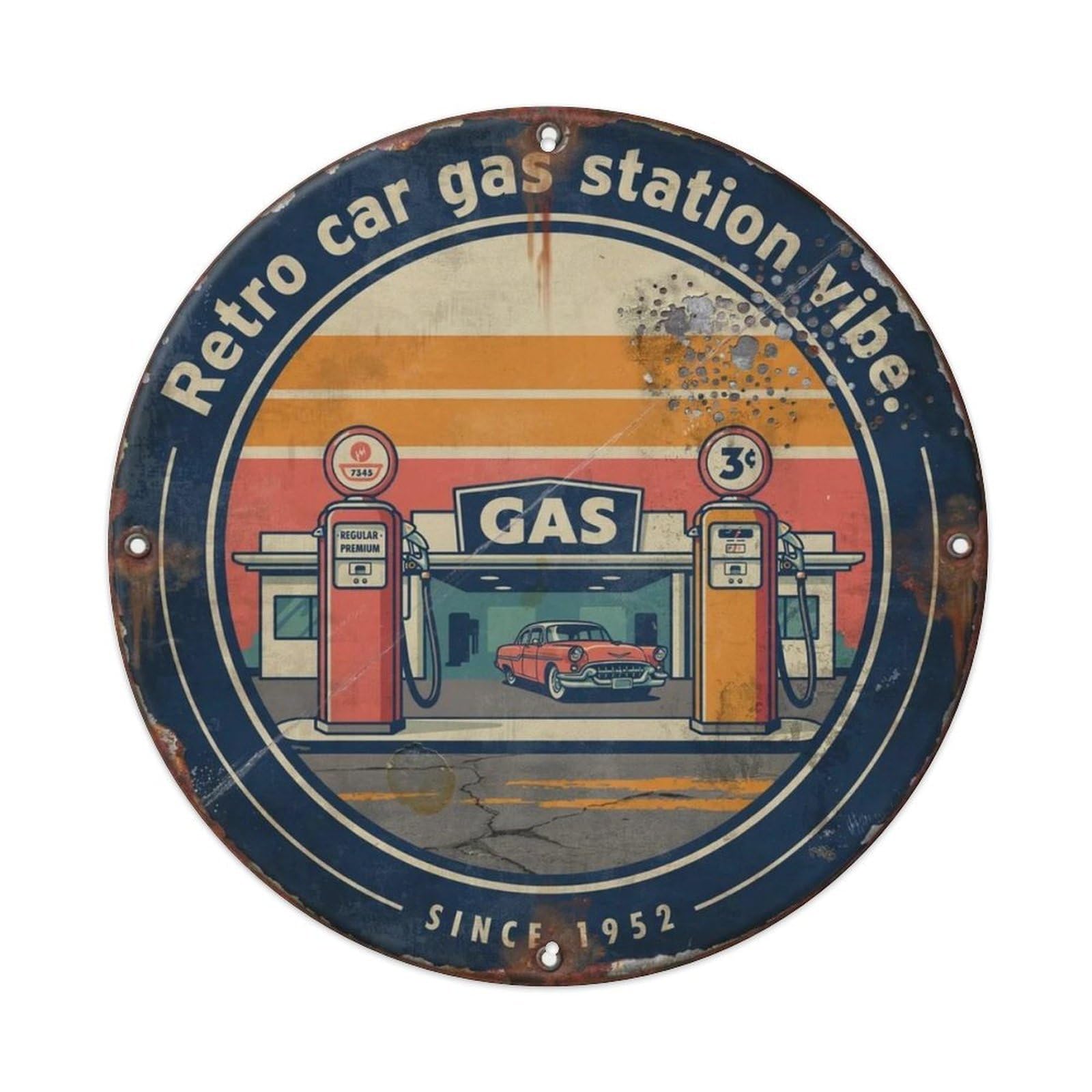 Retro Car Gas Station Vibe. Metal Tin Sign Plaque