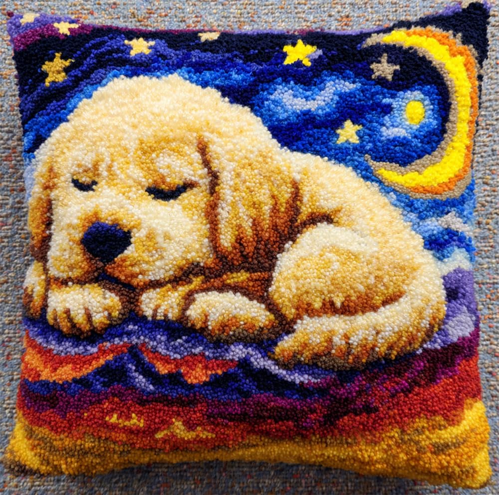 Taxpy DIY Latch Hook Kits 17X17 Inch, Puppy Under The Night Sky Pattern Printed Throw Pillow Case Cushion Cover - Home Decoration Crochet Needlework Crafts with Latch Hook Tool for and Adults