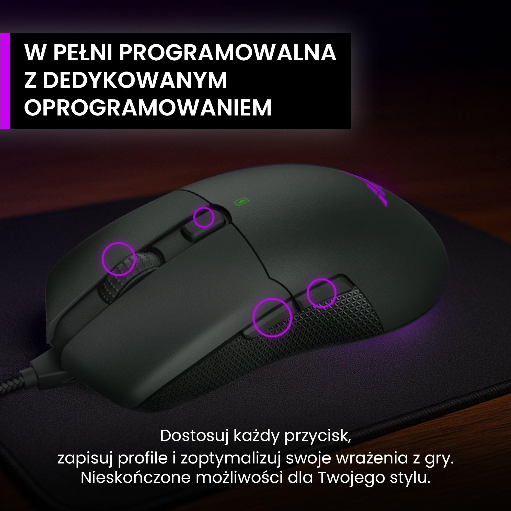 PREYON Mysz Gamingowa z Kablem 1,8 m Bezprzewodowa do Komputera Myszka z Programowalnymi Przyciskami Podświetleniem RGB 2.4 GHz USB Lekka 85 g Czujnik 16K DPI – Owl Czarna
