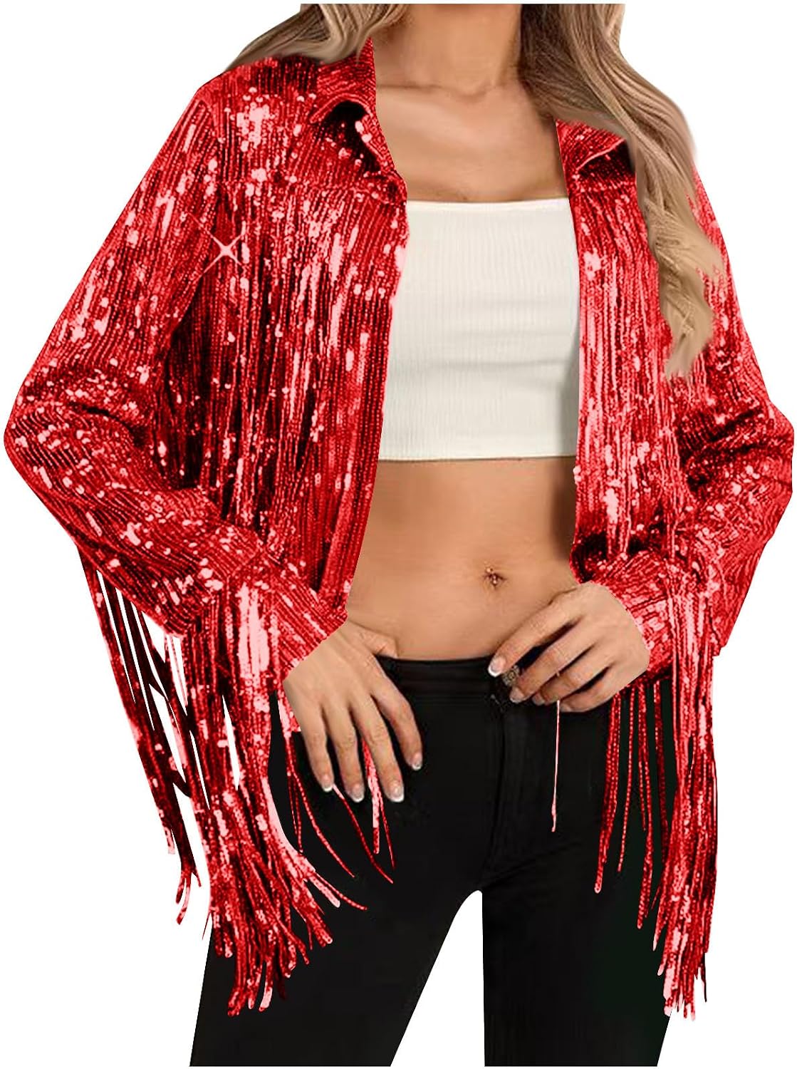Sequin Fringe Jacket Shiny Open Front Sparkly Long Sleeve Lapel Collar Disco Cowgirl Outfit Y2K Party Concert Coat