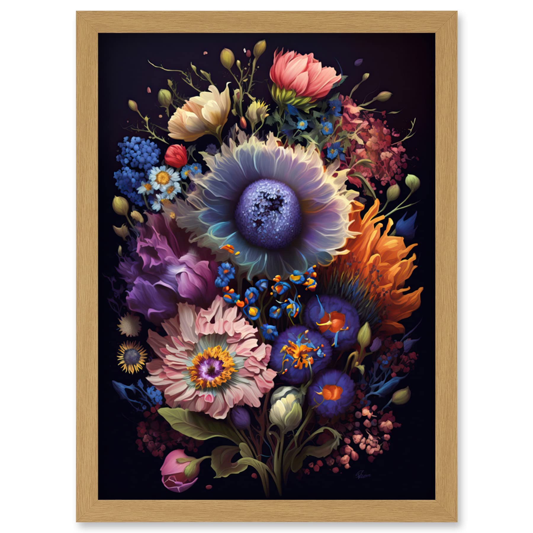 Artery8 Flower Bouquet Purple Pink Orange Floral Art Artwork Framed Wall Art Print A4
