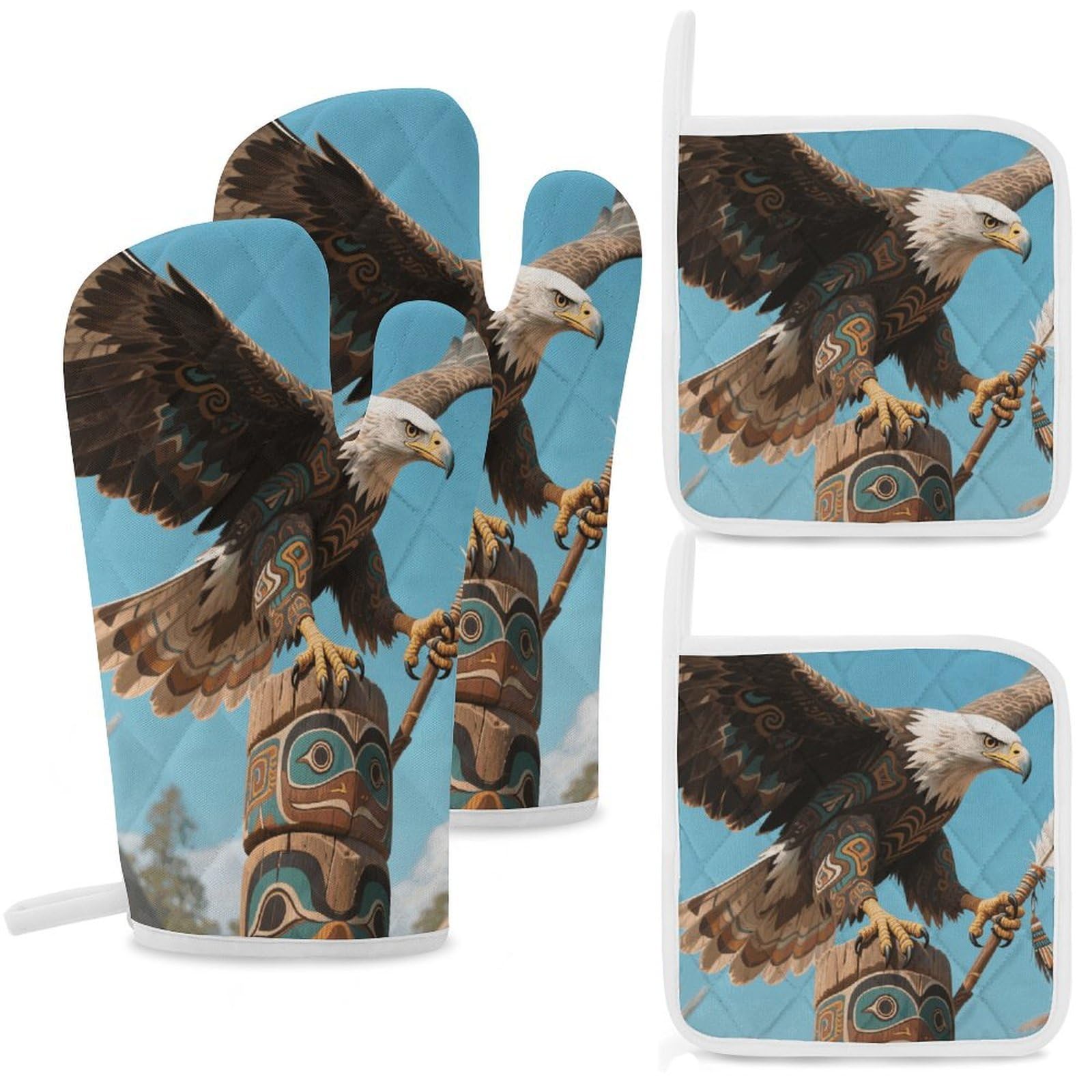 Totem Eagle Oven Mitts and Pot Holders Sets Heat Resistant Oven Glove with Hanging Loop for Baking Cooking BBQ Thicken Potholders for Kitchen