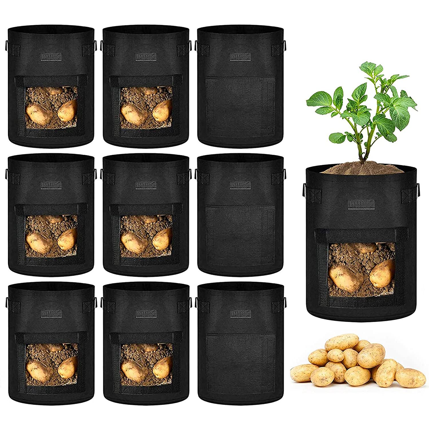 iPower10-Pack 7-Gallon Potato Grow Bags Thickened Non-Woven Aeration Fabric Container Planter Pots with Handle, Access Flap and Velcro Window, Easy to Harvest, for Tomato, Vegetables