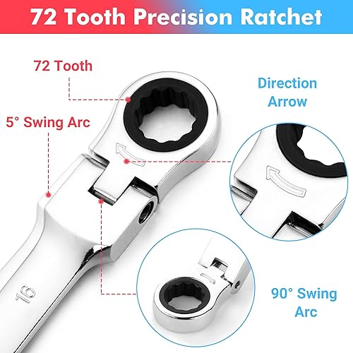 Miniatura 4 de Towallmark Juego de llaves de trinquete de cabeza flexible de 14 piezas, SAE/Juego de llaves de trinquete métricas, construcción Cr-V, kit estándar