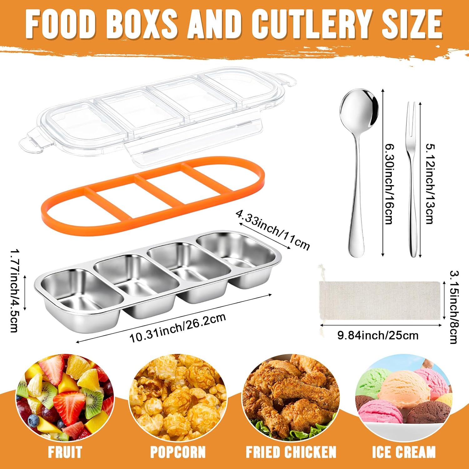 4 Pack Stainless Steel Snack Containers with Lids Bento Lunch Snack Boxes and Reusable Stainless Steel Flatware Set Chopsticks Fork Spoon with Pouch for Freezer Lunch Picnic(4 Compartments) image 2