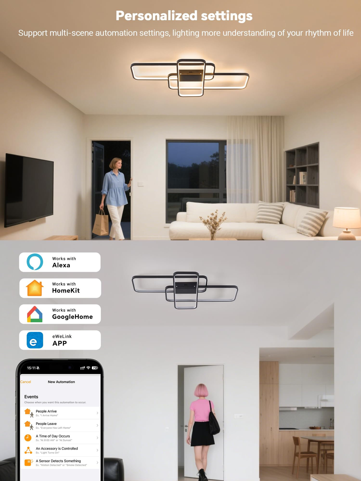 BAYHT LED Deckenlamp Dimmbar Deckenleuchte with Matter, 46W 4600LM, Kompatibel Mit eWeLink App, Geometrisch Deckenbeleuchtung für Wohnzimmer, Schlafzimmer Schwarz 90CM