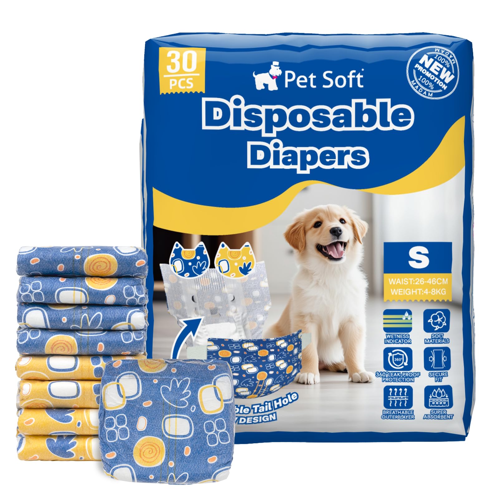 Pet Soft Dog Nappies Female - 30 Count Disposable Dog Diapers Female Small, Super Absorbent Period Pants for Girl Dogs in Season/Incontinence with Wetness Indicator