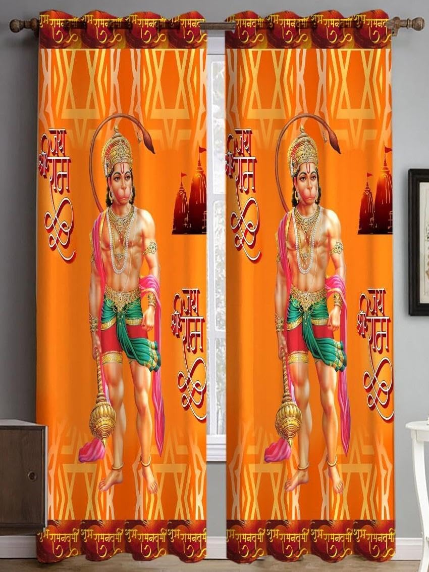 WO FLORA 3D Digital God Curtains for Poojaroom Lord Hanuman Temple Curtain for Poojaghar/Mandir Parde 5 feet Long Set of 2 Pcs for Window