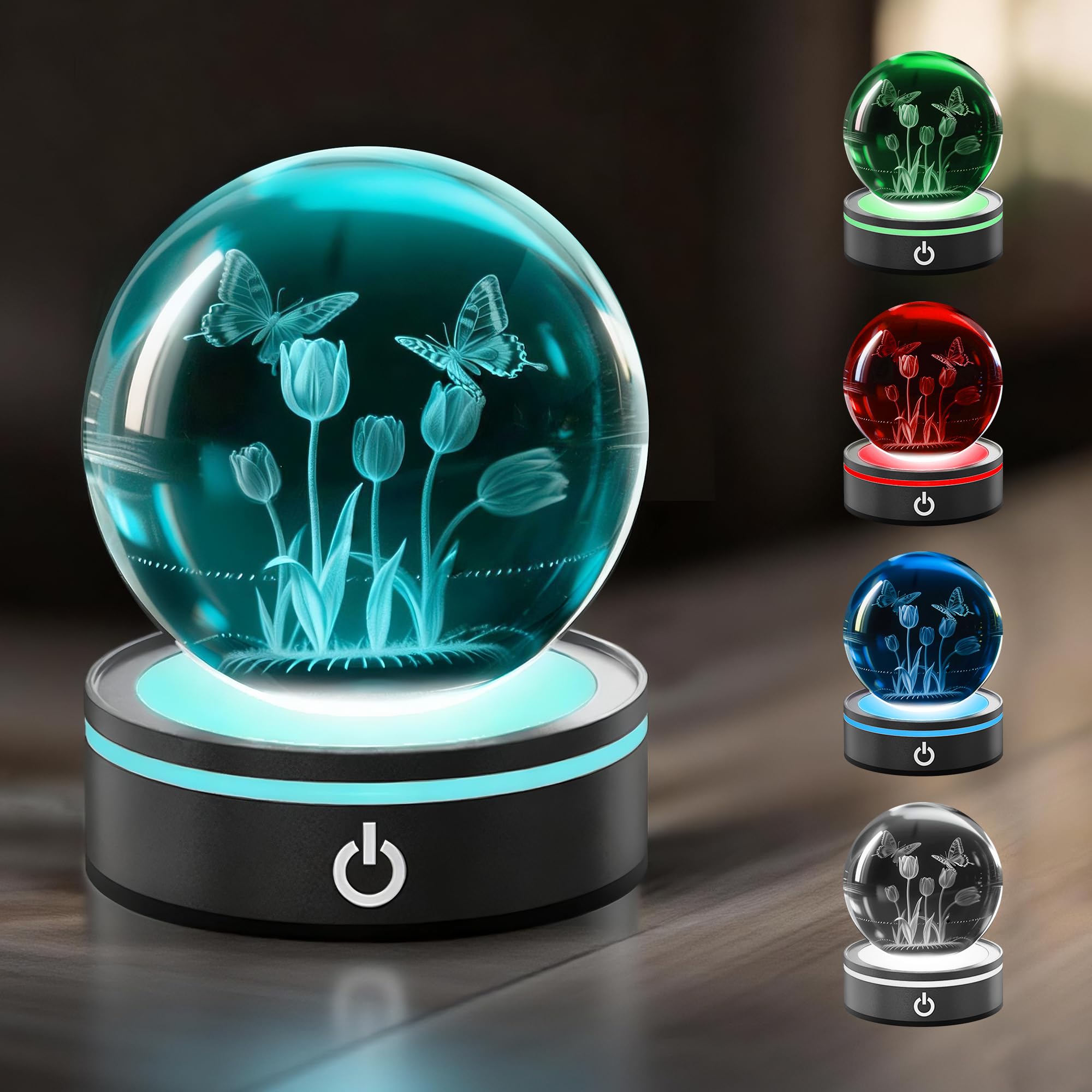 L LOHAS LED 3D Crystal Ball Night Light-Laser Engraved Floral, Silver Base