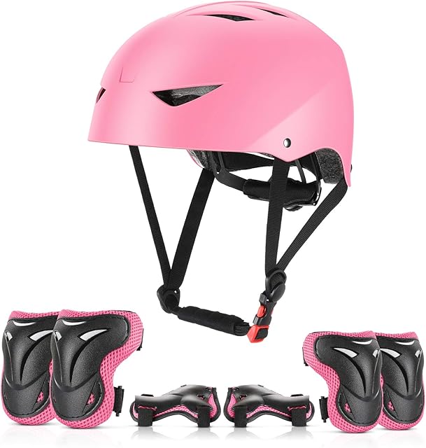 ValueTalks Kids Helmet and Pads Set Age 5-15 Years Kids Skateboard Helmet Knee Pads Elbow Pads Wrist Pads for Roller Scooter Cycling Skating