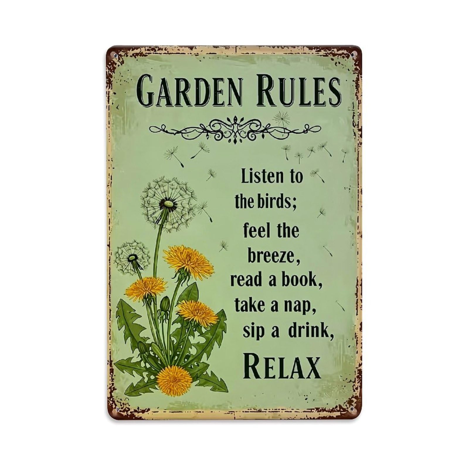 Nestemfo Vintage Garden Rules Dandelion Floral Design Tin Sign Metal Sign, Living Room,Bar, Home, Bedroom Wall Decor,Retro Metal Poster 8X12 Inches
