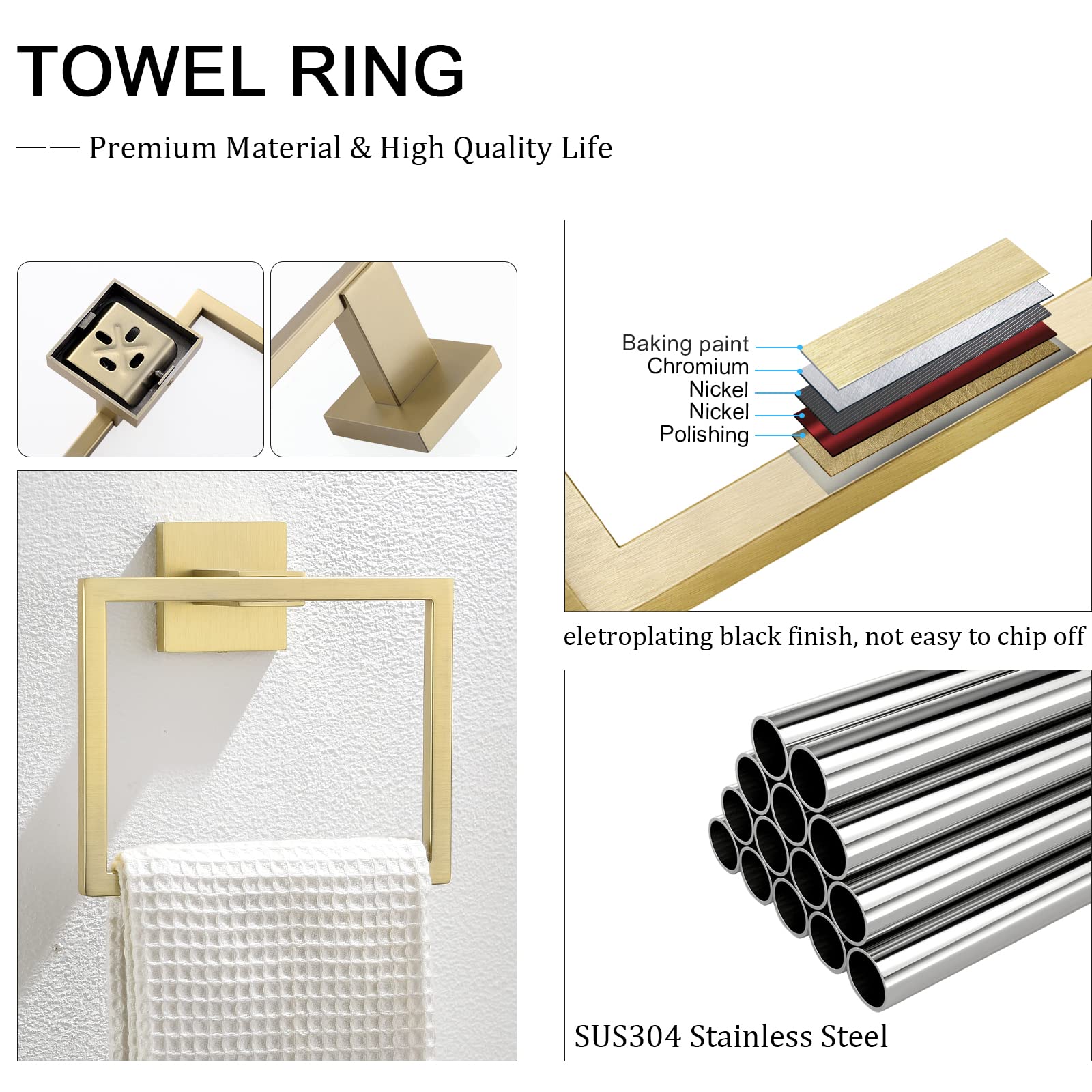 Brushed Gold Towel Ring - Modern Wall Mount -5