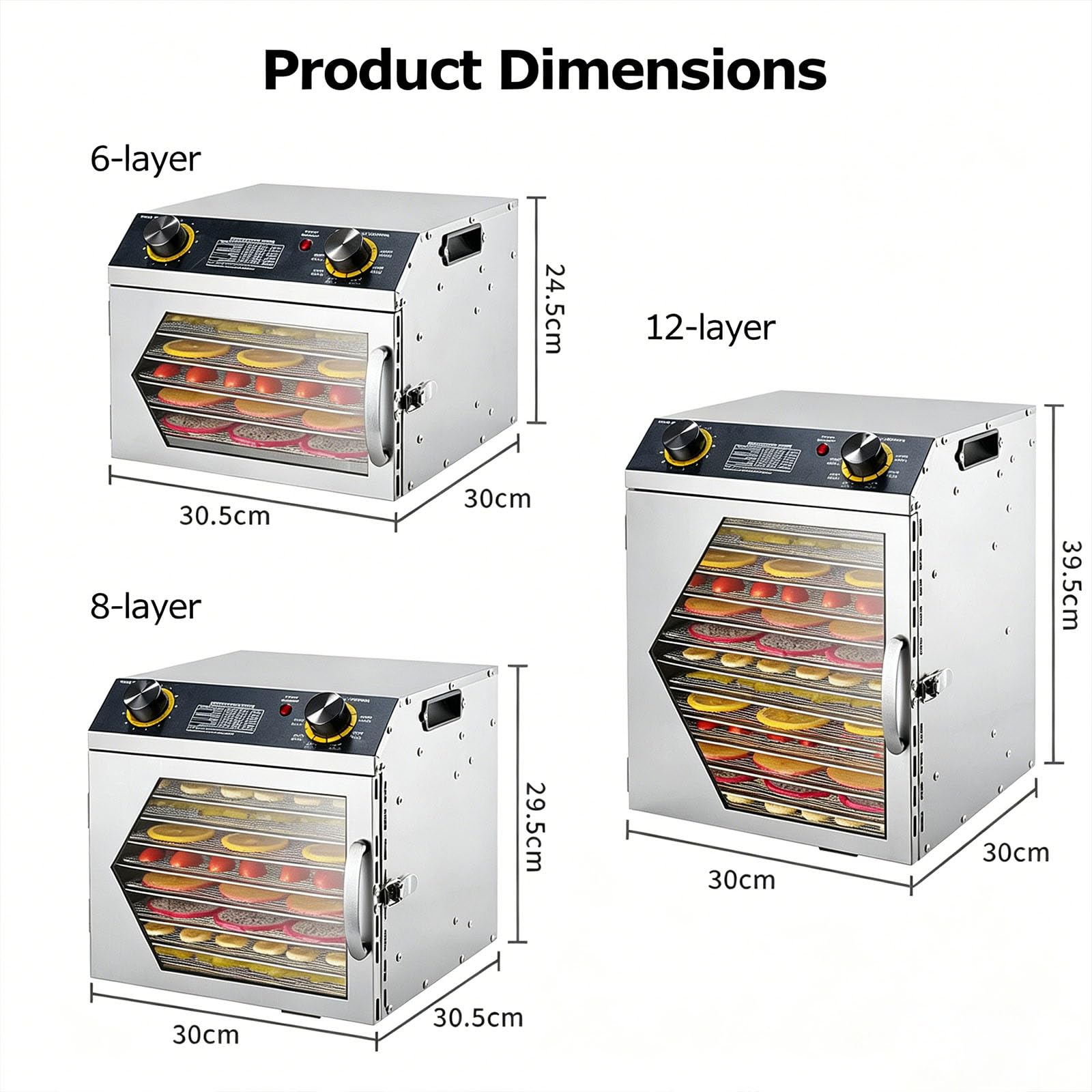 Essiccatore per Alimenti in Acciaio Inox, Macchina per Essiccazione a Strati da 6/8/12 con Timer Digitale 0-12H, Temperatura Regolabile 40-90°C per Carne Secca, Carne, Frutta e Verdura 6-Layer