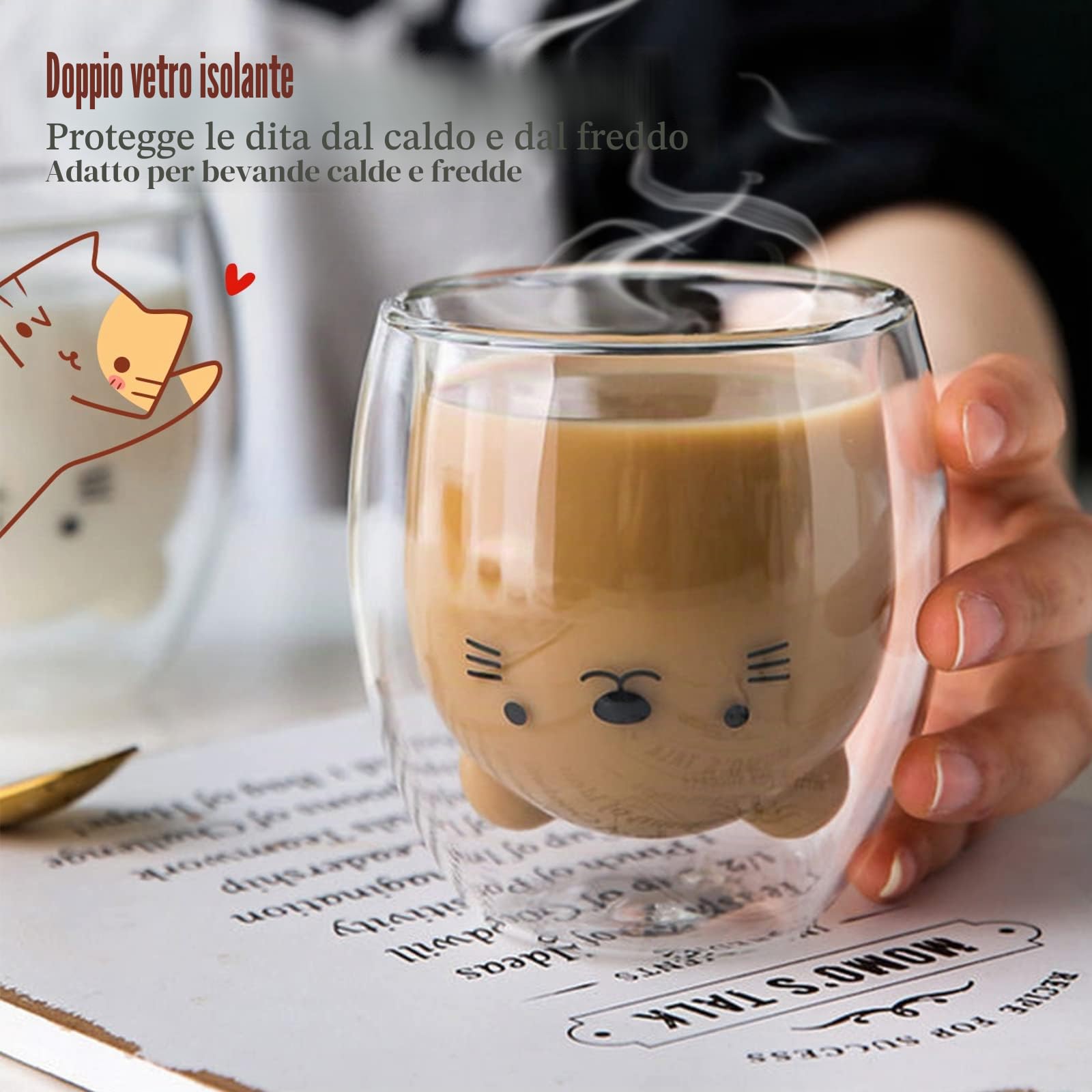 Set da 4 Pezzi Tazze per Gatti Carine in Vetro a Doppia Parete, Simpatica Tazza per Animali Con 4 Cucchiai e 4 Sottobicchieri, Tazza di Caffè Resistente al Calore