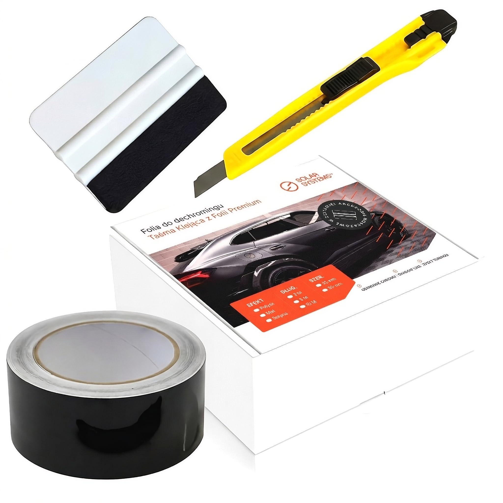 Solar Systems Film Auto adhésif - Ruban adhésif de déchromage + raclette et Couteau - Tuning Auto - Film Auto Noir Brillant 5cm x 18 m