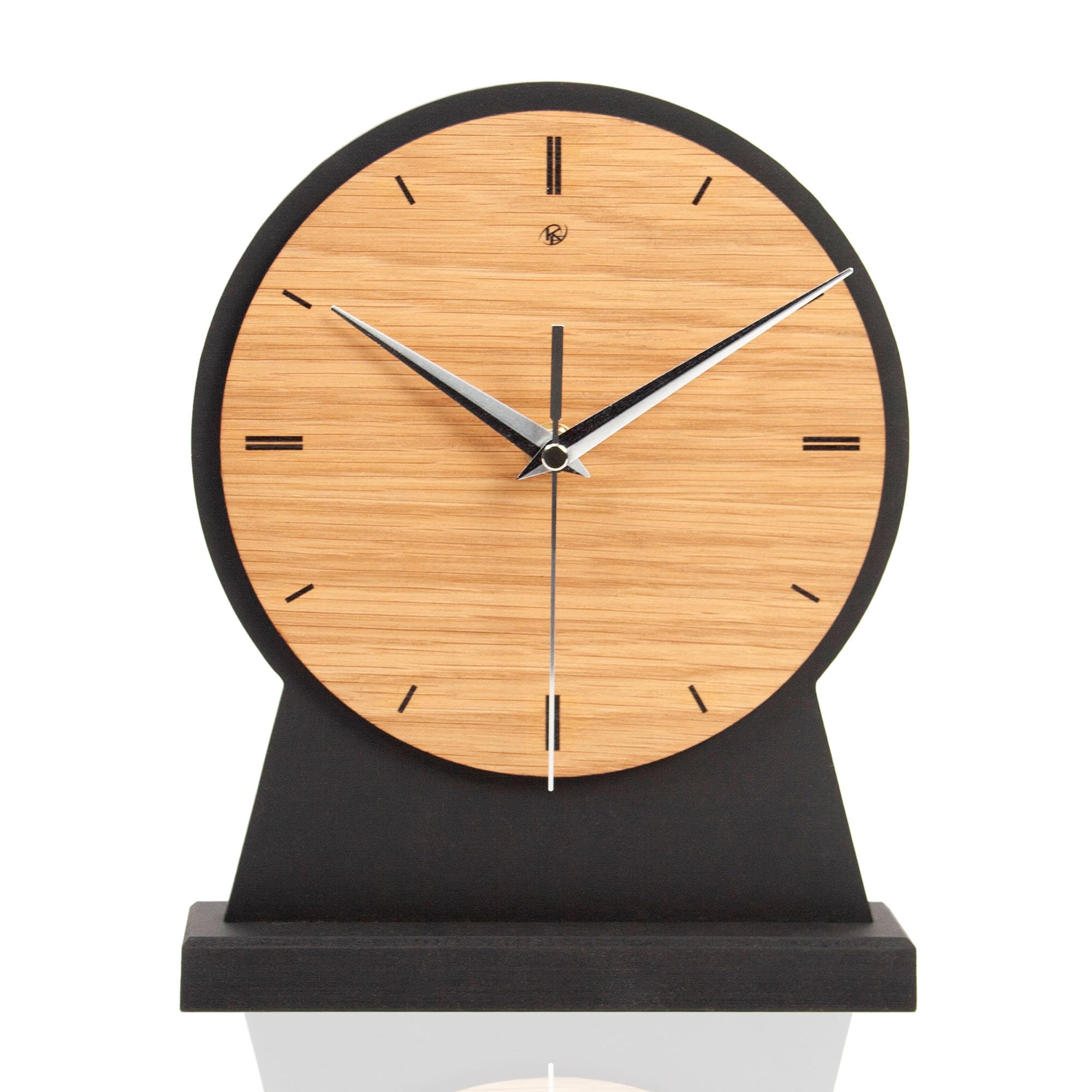 Kreative Feder Standuhr „Timeless Brown“ aus Holz – klassisch runde Tisch-Uhr ohne Ticken; Größe ca. 38,5x20x8,5cm (leises Funkuhrwerk)