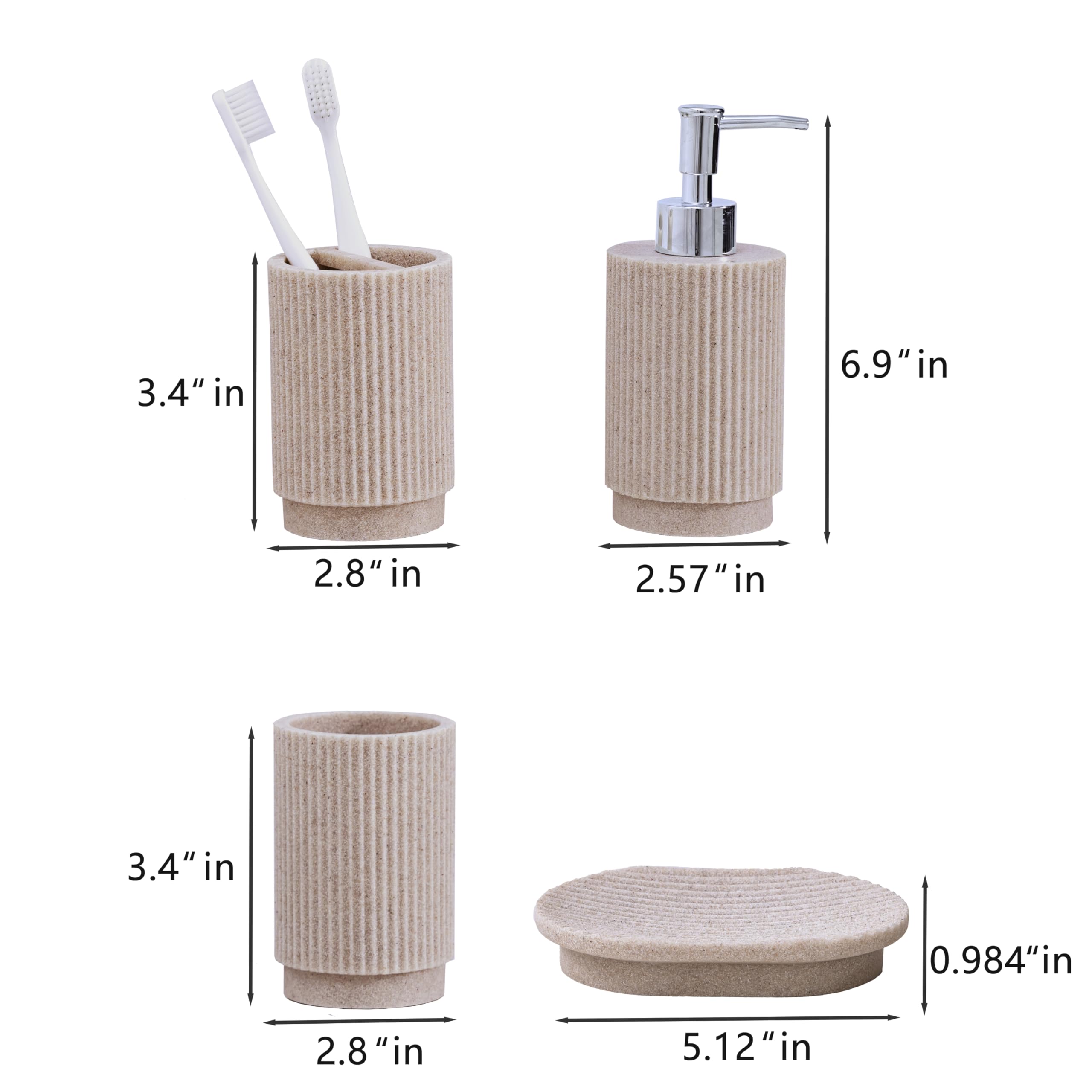 Badezimmer Set 4-TLG Beige | Seifenspender + Zahnputzbecher Set mit Halter & Seifenschale | Streifen-Design aus Polyharz | Bruchsicher, Wasserdicht & Anti-Rutsch