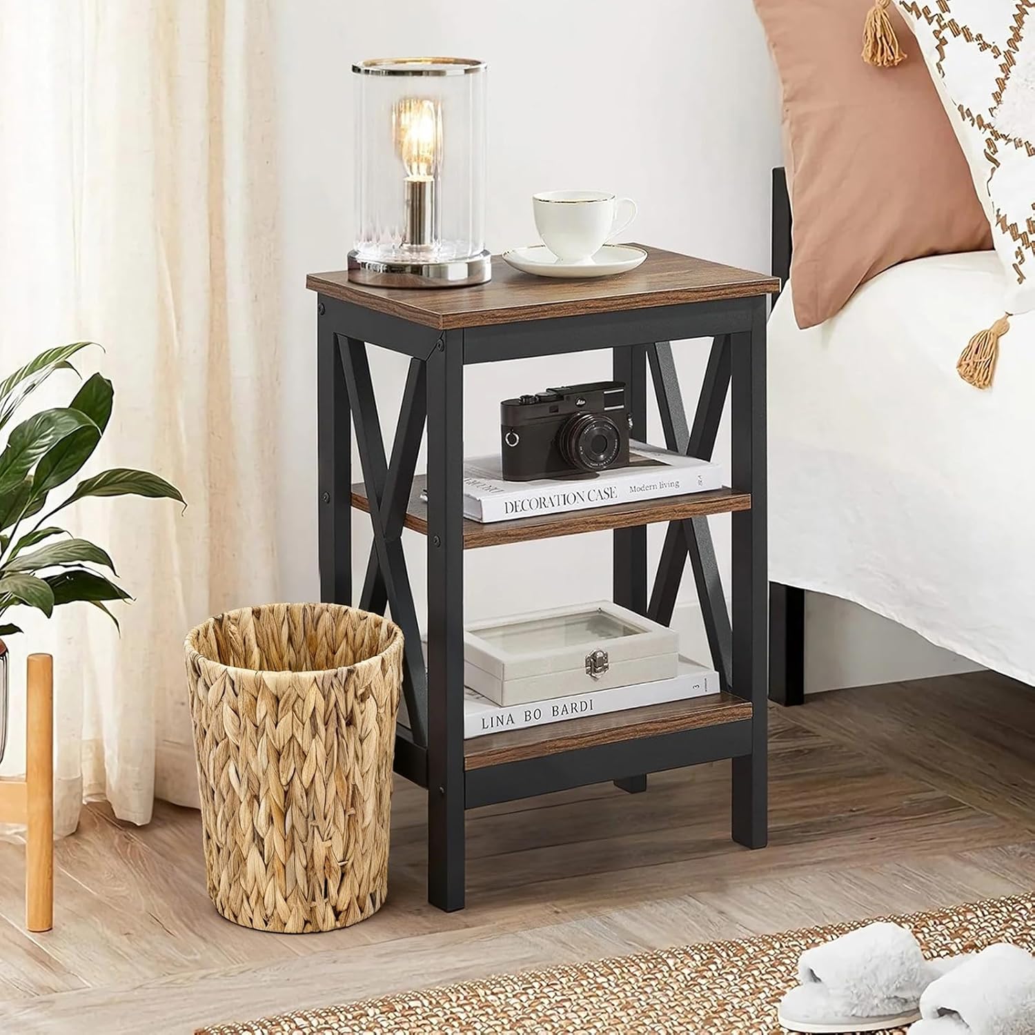 Water Hyacinth Wicker Trash Can, Handwoven Natural Fiber Waste Basket, Small Boho Decorative Garbage Bin for Bathroom, Bedroom, Office, 7.5"×6.5"×11"