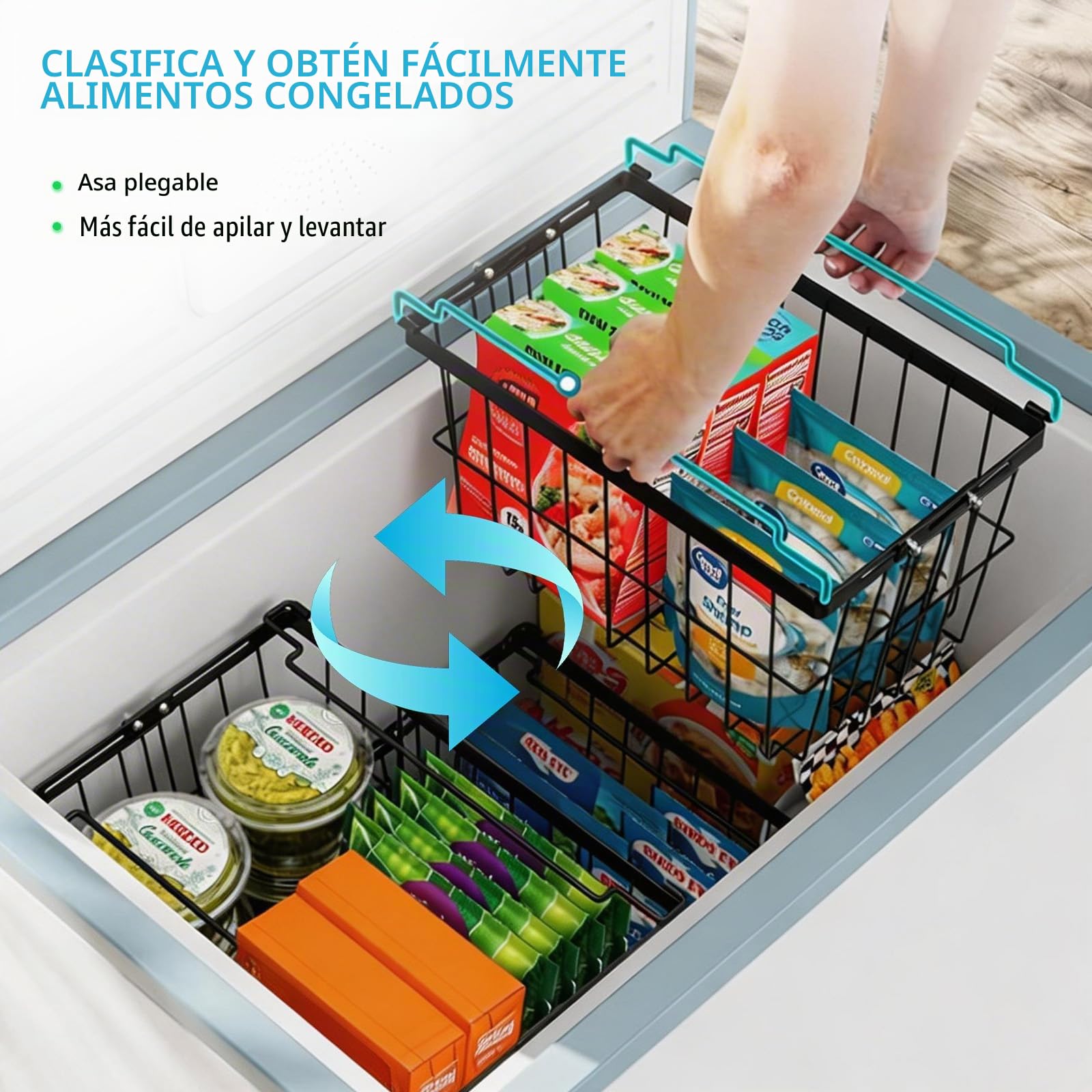 Organizador Congelador 4 Piezas,Cajones de Metal Antideslizantes | Cestas Apilables para Congelador con Asa Plegable, Almacenamiento de Alimentos para Arcón y Nevera (37.5x18.5x21.5cm)
