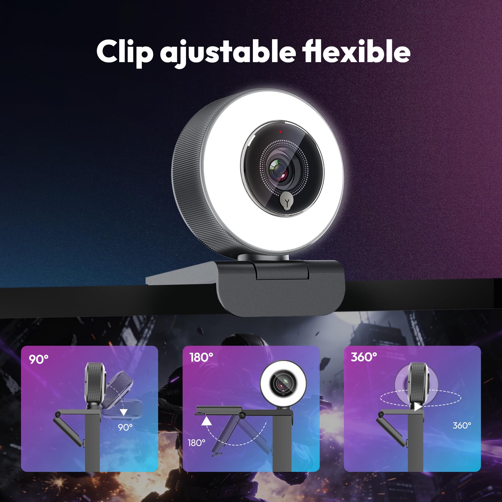 Webcam Angetube 4K avec lumière, caméra PC avec deux microphones, 1080P@60FPS pour un streaming fluide, USB-A/C, autofocus PDAF, plug&play, avec couverture de webcam, compatible avec Zoom/Teams/Laptop