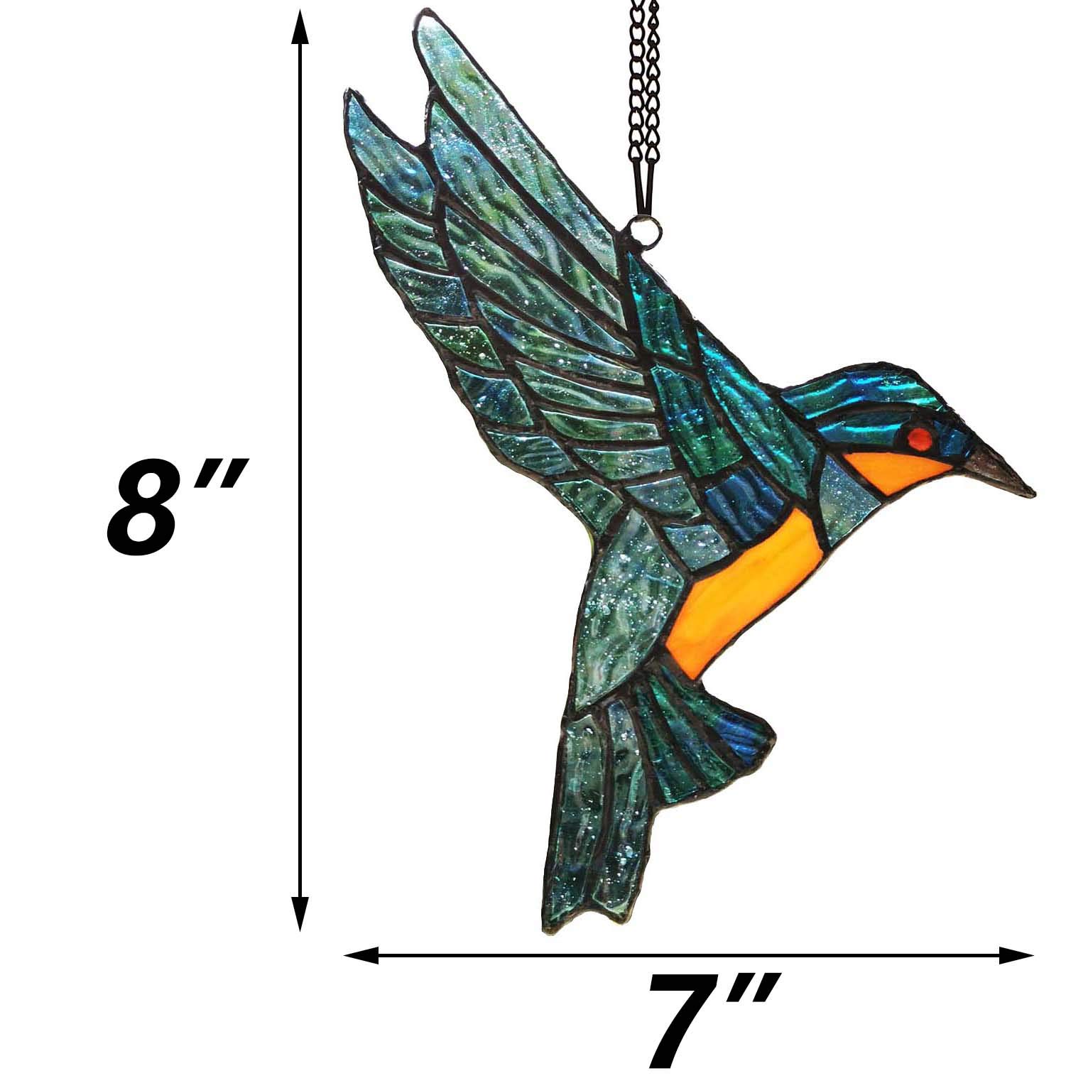 Bieye W10049 Colibrí Tiffany estilo vidriera colgado para ventana con cadena y gancho de ventosa (7 pulgadas de ancho x 8 pulgadas de alto)