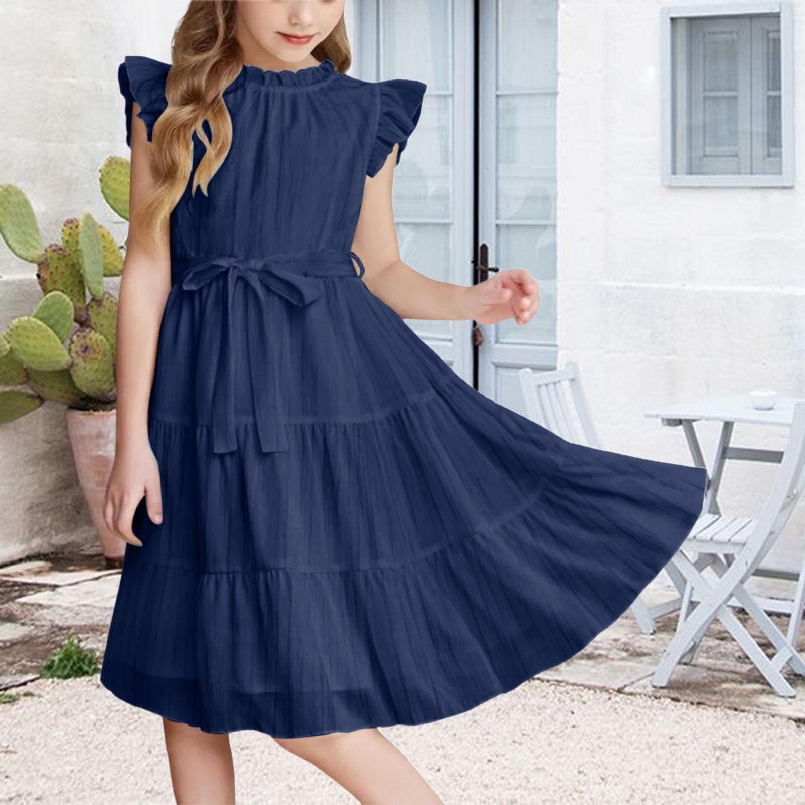 Abito estivo da bambina, formale, con maniche a volant, linea A, casual, alla moda, per bambini, matrimonio, compleanno, festivo, prendisole, abito da damigella d'onore
