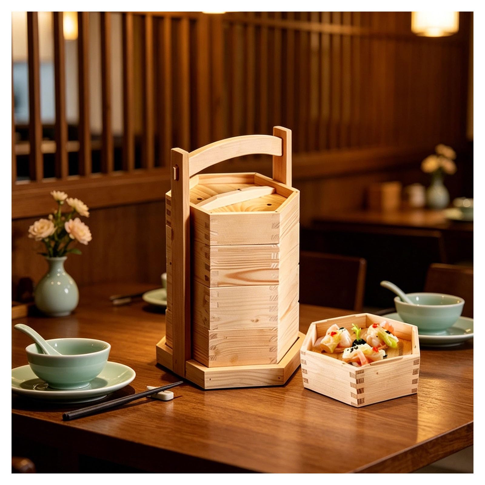 Cesta de hecha a mano con tapa, vaporizador de madera portátil de 3 niveles, vaporizador chino de bola de masa, for arroz y verduras Dim Sum