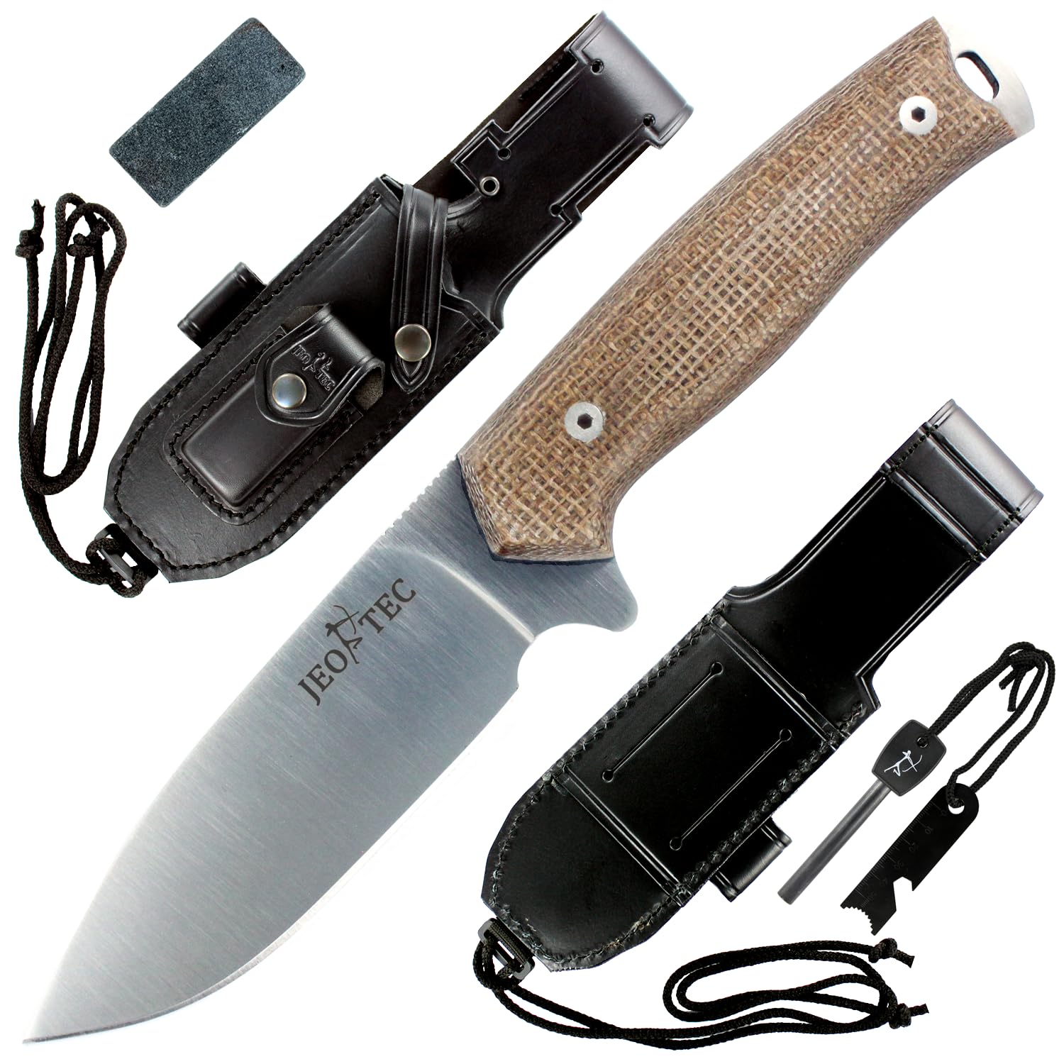 JEO-TEC Nº21 Nóż Bushcraft, nóż do paska na zewnątrz, nóż myśliwski, nóż survivalowy wielofunkcyjny , stałe ostrze, BÖHLER N690C, z naturalna skorzana osłona + krzesiwo + ostrzalka do noży , recznie robiony w Hiszpanii