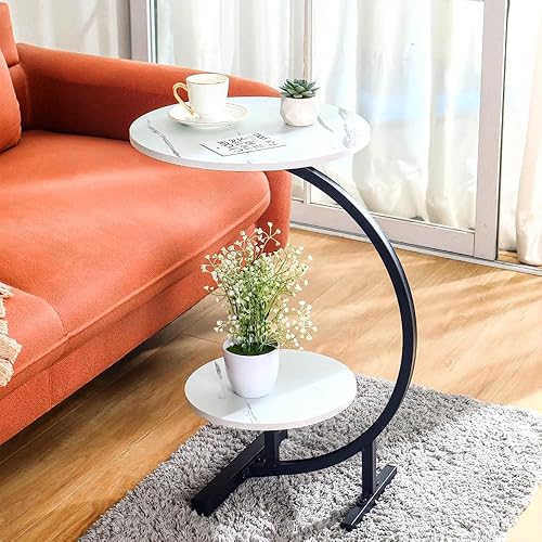 Miniatura 2 de Mesa auxiliar redonda de 2 capas con textura de mármol en forma de C, mesa auxiliar para aperitivos, mesa auxiliar para sofá, mesita de noche para