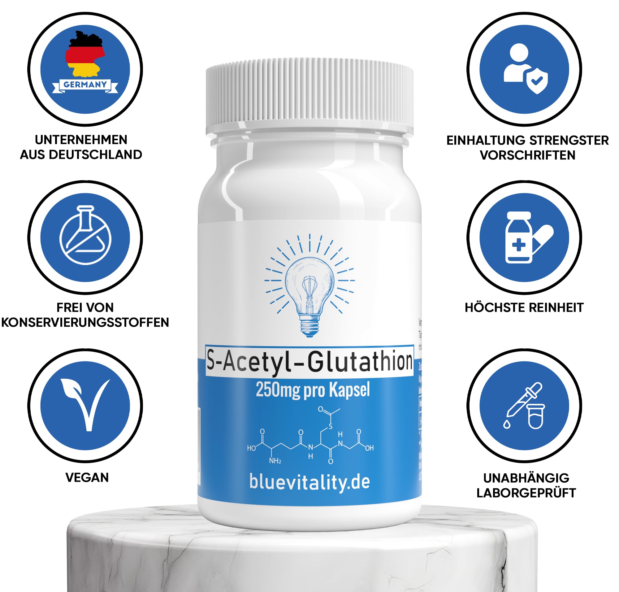 S-Acetyl Glutathion | 250mg pro Kapsel | 60 Kapseln | hochdosiert & stabilisiert | Hohe Bioverfügbarkeit | vegan & laborgeprüft