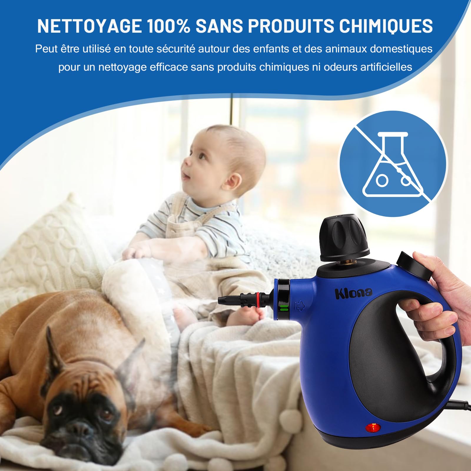 Klona Nettoyeur vapeur portable pour la maison - Nettoyeur vapeur multifonction avec 10 accessoires pour tapis, rideaux, canapés, cuisine, salle de bain et plus encore (bleu marine)