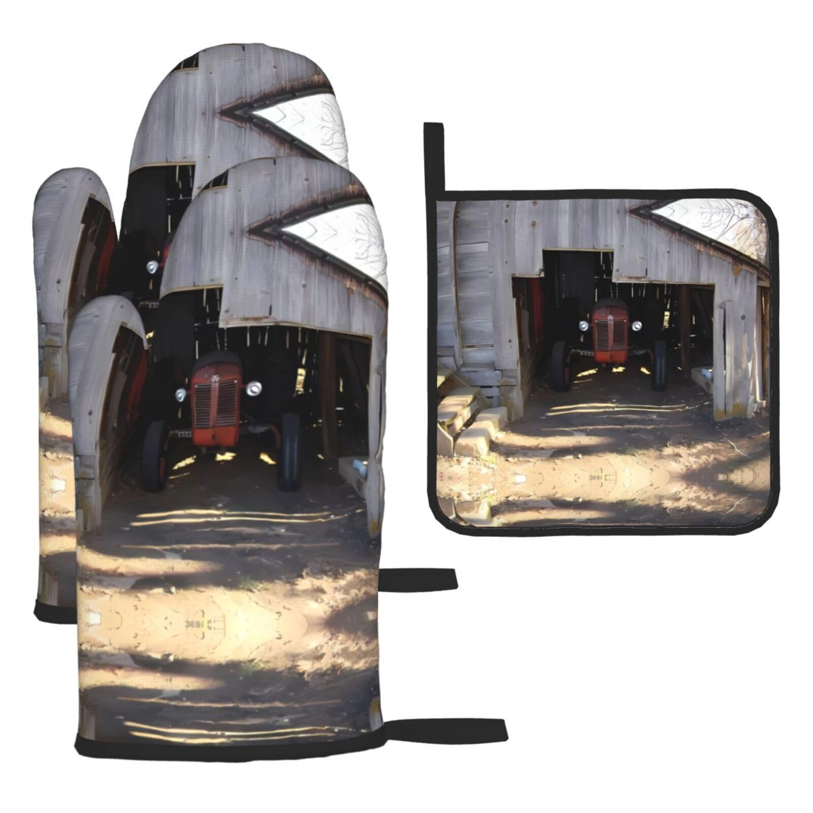 Old Wooden Barn with Rusted Tractor Printed Oven Mitt Set 3-Piece | Heat Resistant Gloves & Pot Holder Mat for Cooking, Baking & BBQ
