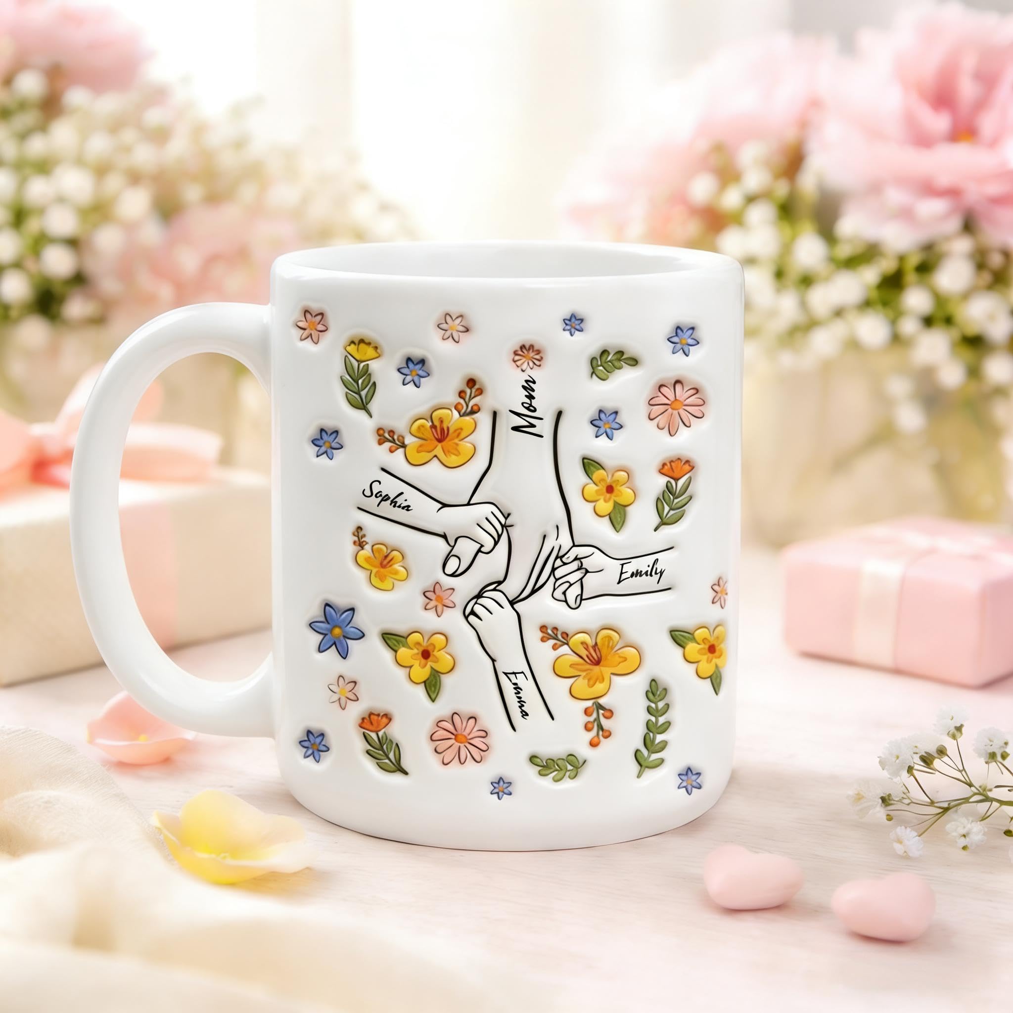SOUFEEL Taza de abuela personalizada con nieto, abuela, mamá y nietos, flores a mano en mano, regalos personalizados para mamá y abuela, Patrón 3D taza de café, regalo del día de la madre