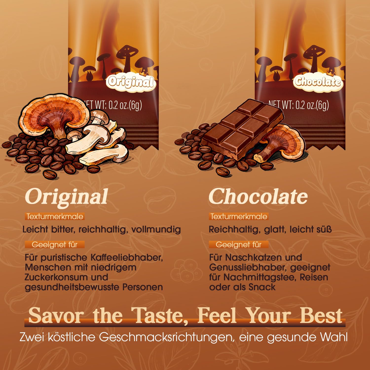 Pilzkaffee – Mushroom Coffee in 32 Einzeldosisbeuteln (192 g) | 7 Pilzextrakte + Ashwagandha, L-Theanin & Baldrian | 2250 mg Wirkstoffkomplex pro Portion (Schokolade)