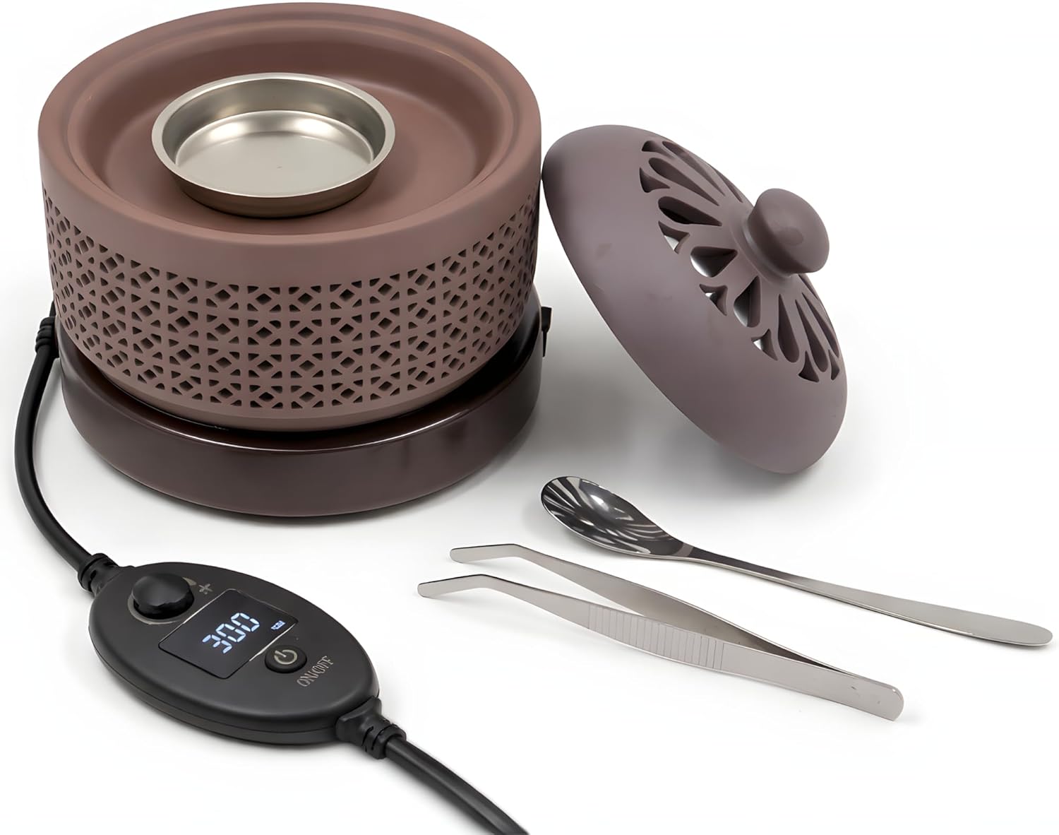 Ceramic Electric Incense Burner with Temperature Control, Timer & Night Light – Bakhoor & Resin Warmer (Brown)