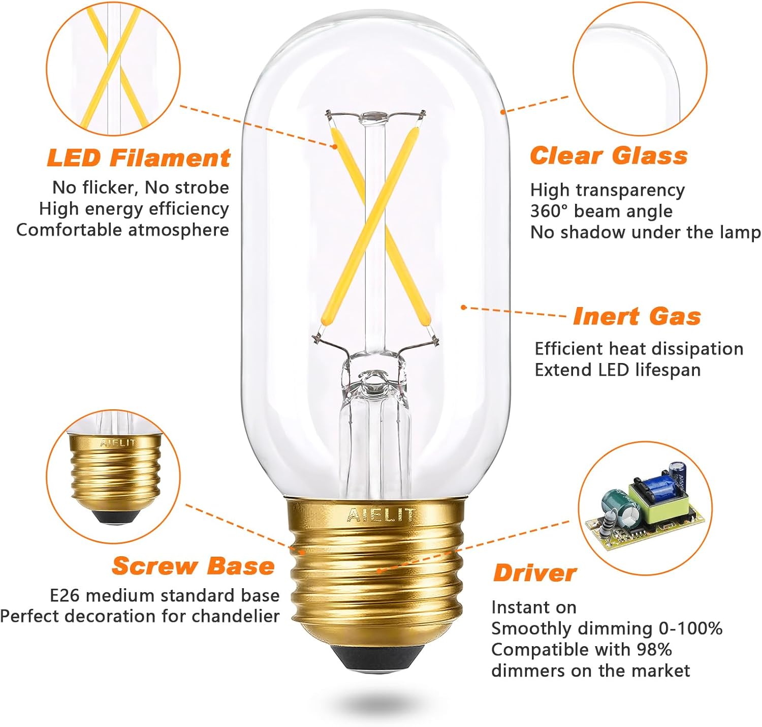 T45 E26 Light Bulb, Dimmable 2W(25 Watt Equivalent), Soft White 3000K, T14 LED Tubular Bulb, Antique Edison Filament Bulb for Chandelier Bathroom Vanity Ceiling Fan Pendant Lights, 6-Pack