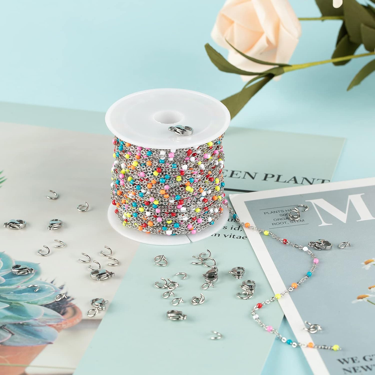 UMAOKANG 33 Feet/10M Silver Jewelry Chains Soldered 304 Colorful Beaded Stainless Steel Link Cable Chain Necklace Bulk for Jewelry Making with 10 Lobster Clasps and 30 Jump Rings - Image 6