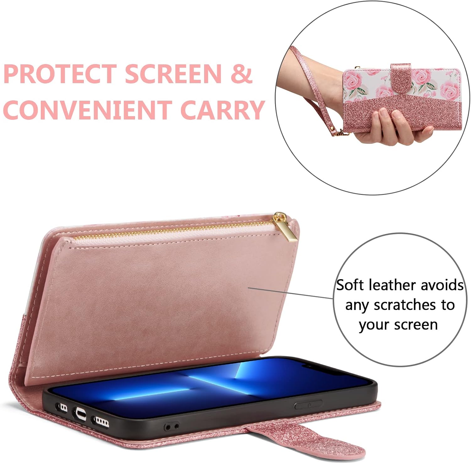 UEEBAI Wallet Case for iPhone 17 Pro, PU Leather Wallet Magnetic Closure Handbag Zipper Pocket Cover Kickstand Card Slots with Hand Strap Rose Flip Case for Women - Glitter Rose - Image 4