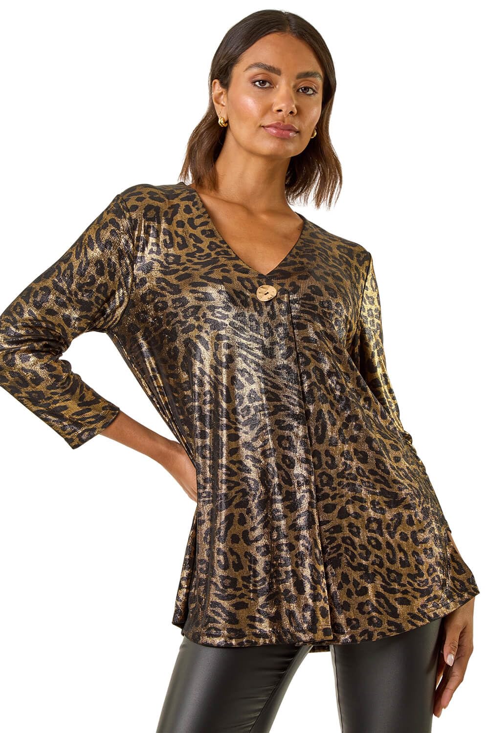 Roman Women's Metallic Animal Print Tunic Top in Gold | Size: 10