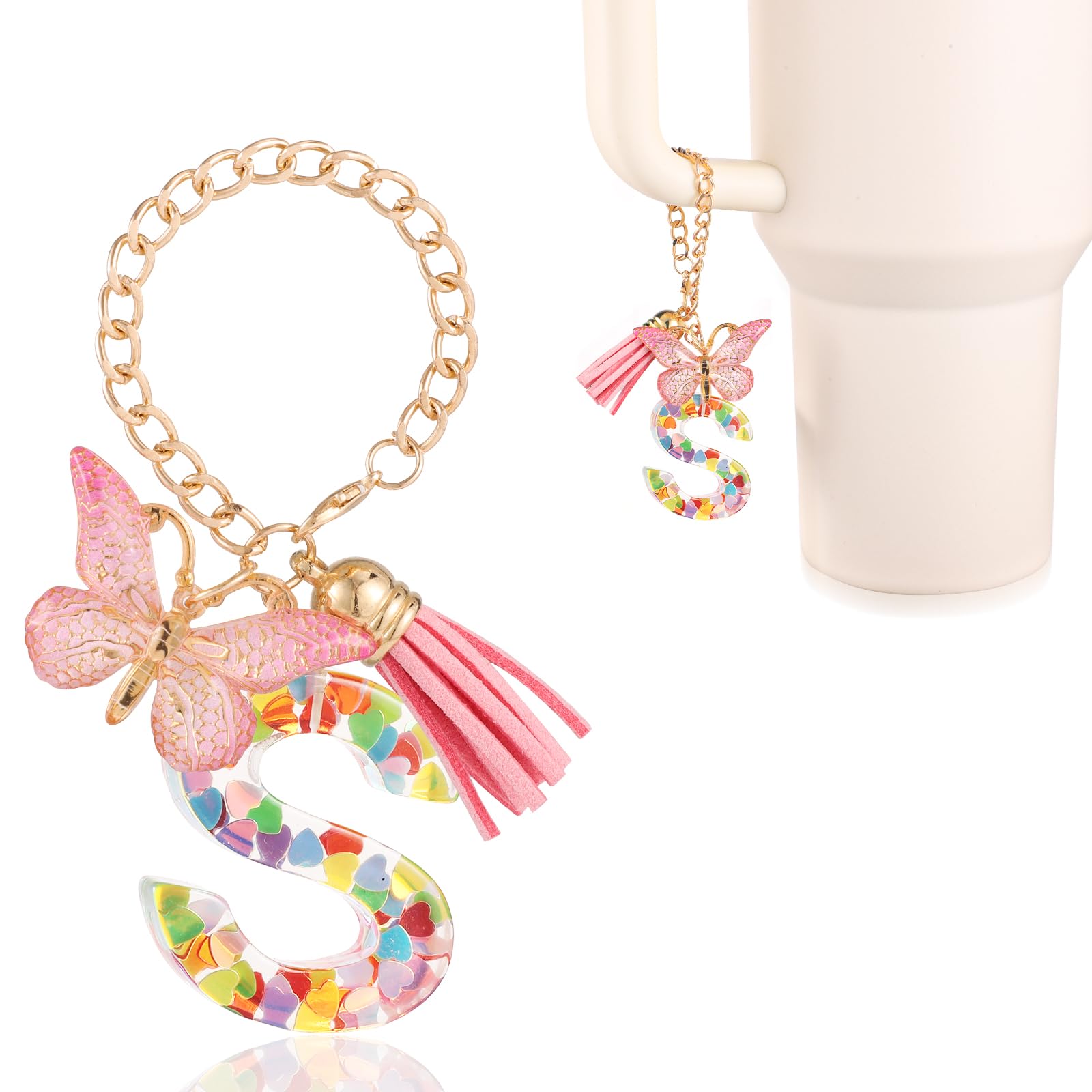 Letter Charms Cup Accessories, Cute Alphabet Tumbler Decoration Mug Handle Charms Decor Chains with Butterfly for Stanley Tumblers Women Girls Gift、