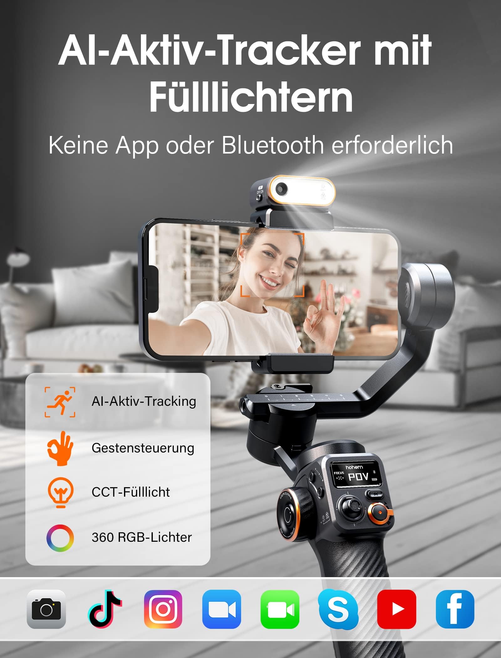 hohem iSteady M6 Kit 3-Achsen-Handy Stabilisator, Gimbal Smartphone | mit Magnetischer AI-Tracker, Einstellbares CCT/RGB-Fülllicht, 0,91 Zoll OLED-Display, Max. Nutzlast 400g, Gimbal für Volgging