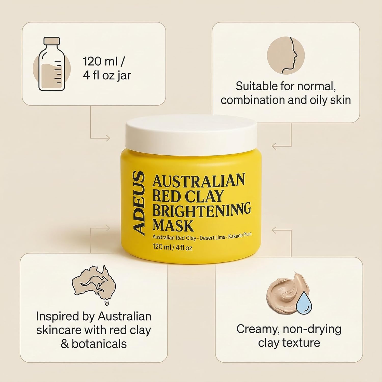 ADEUS Australian Red Clay Brightening & 𝐃𝐞𝐭𝐨𝐱 Mask – Pure Australian Red Clay Face Mask for Face & Pores – Clay Mask for Face with Kakadu Plum & Desert Lime – 120 ml (1)