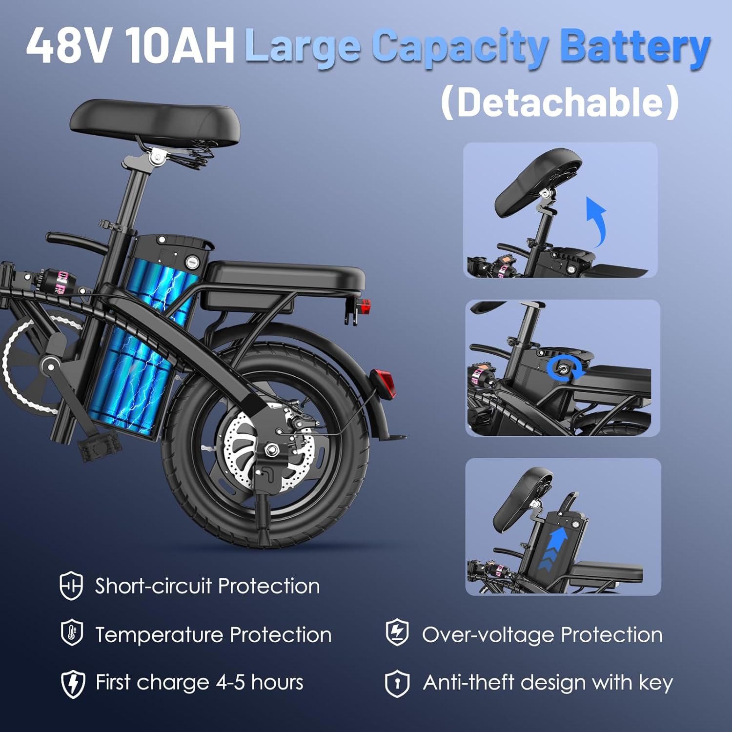 Diagram showing the removable 48V 10AH battery and its protection features