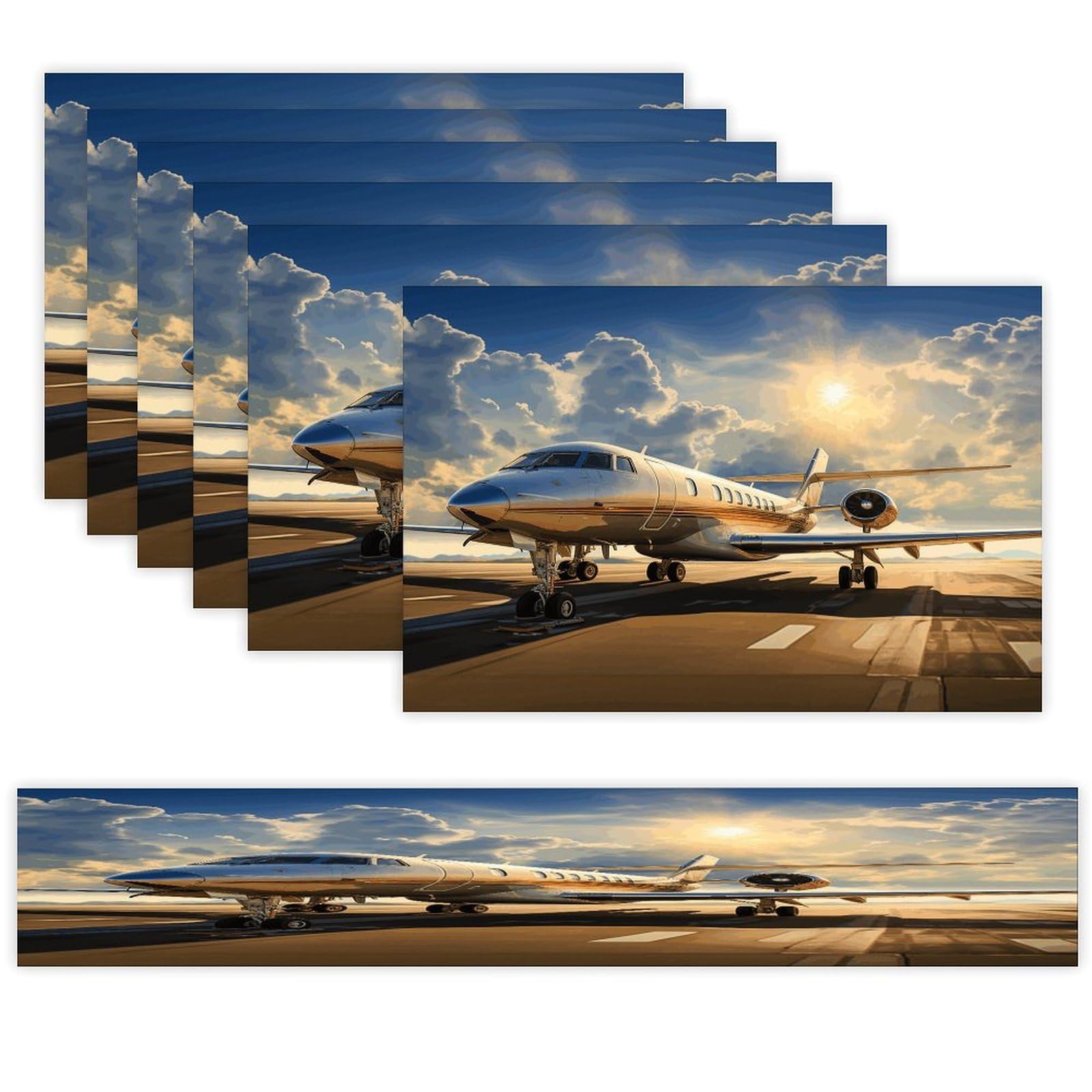 Private Plane Table Runner and Placemats Set of 6 for Kitchen Washable Table Mats Heat Resistant Place Mats Non-Slip Place Mat Wipeable Placemat(6 Placemats+1 Table Runner)