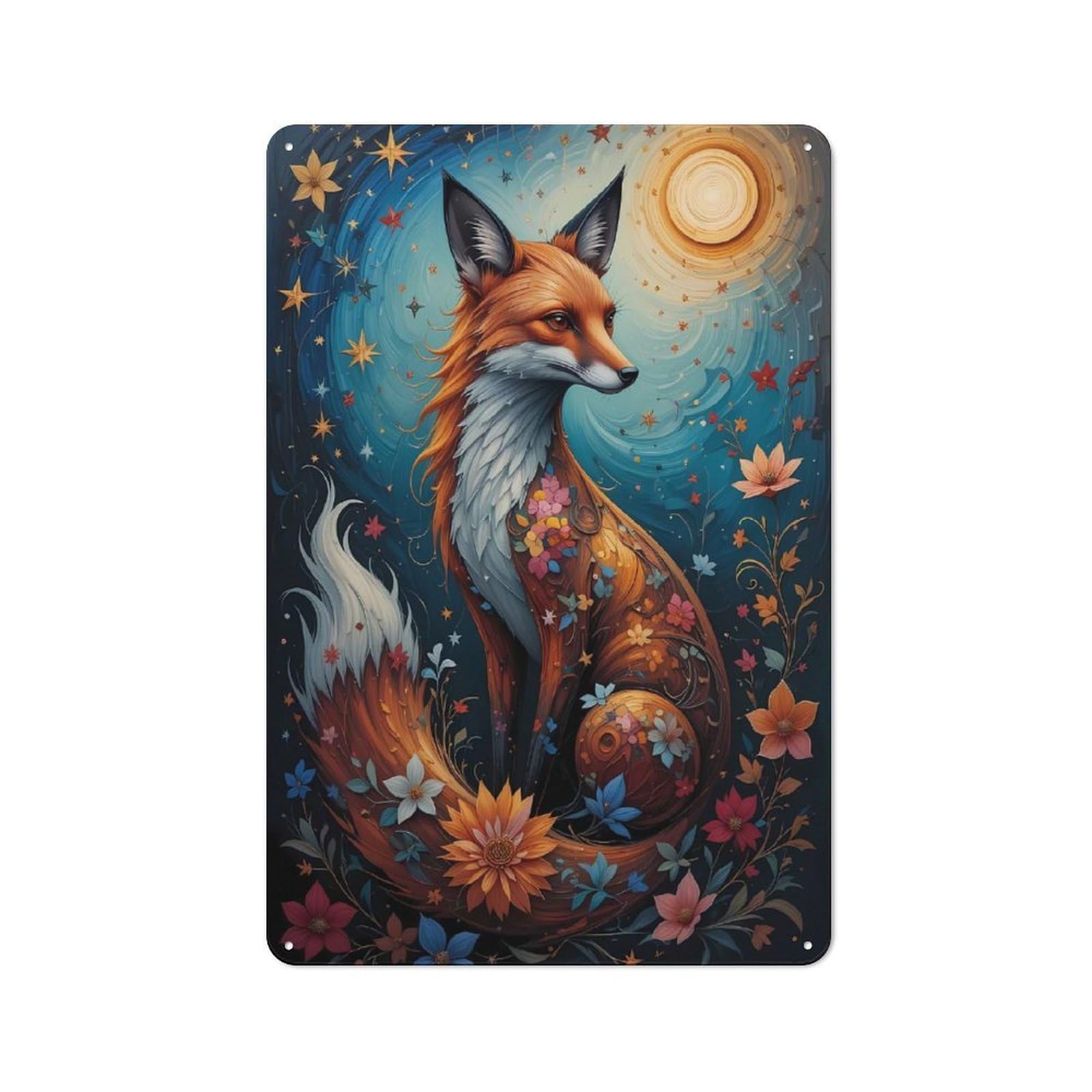 Junmoney Style-7 Retro Retro Metal Sign 30X20cm Featuring Enchanted Fox With Floral Accents, Garage Wall Decor For Garage, Hobby Room, Office Or Man Cave