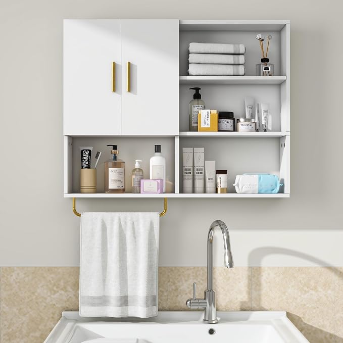 Botiquín de pared grande de madera con 2 puertas y 4 estantes abiertos blanco miniatura 6