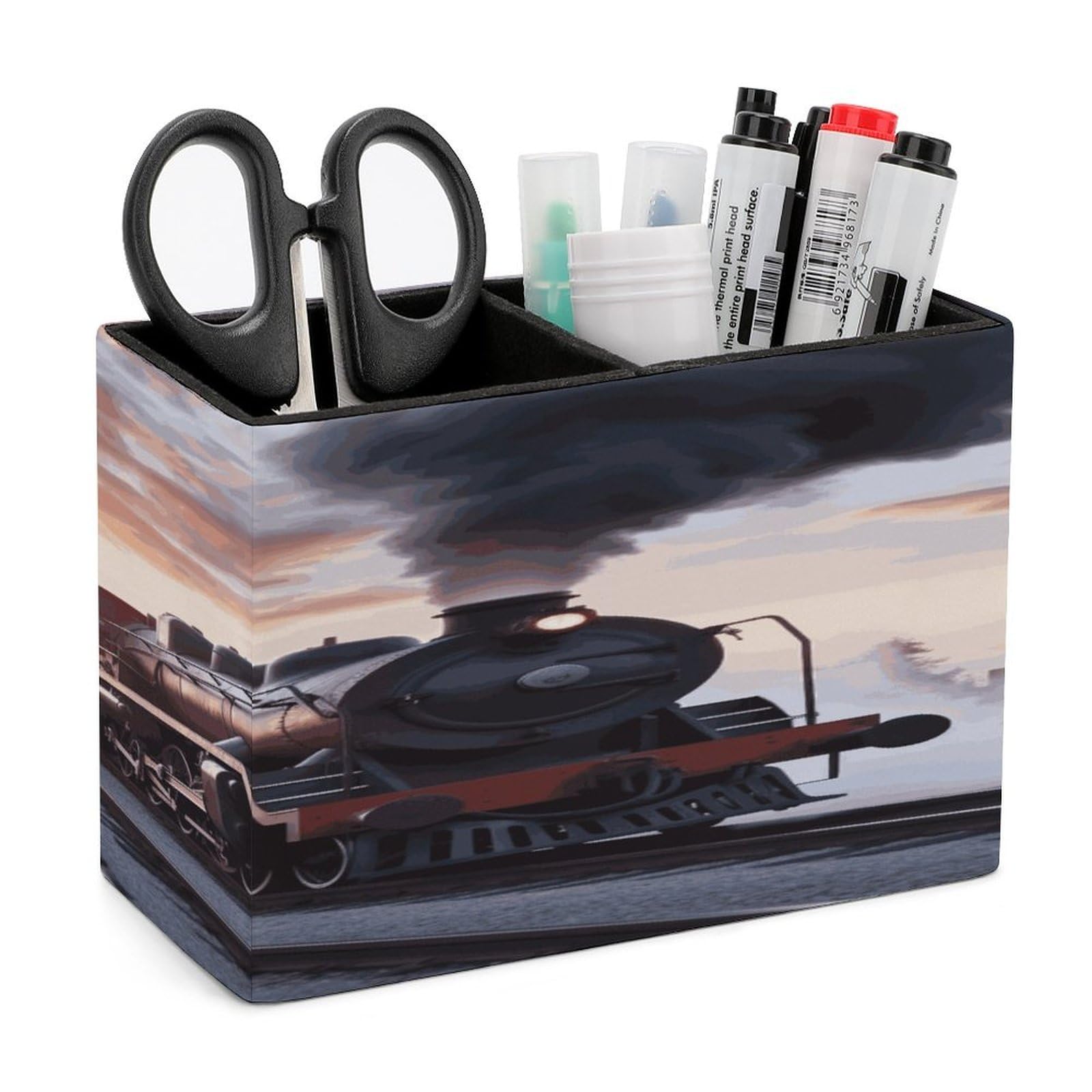 LDGSUPH Steam Train Depart Sunset Leather Pen Holder for Desk Organizer Caddy Large Pencil Cup Multi-function Pencil Holder Makeup Brush Holders Pen Organizer for Home Office Storage Box
