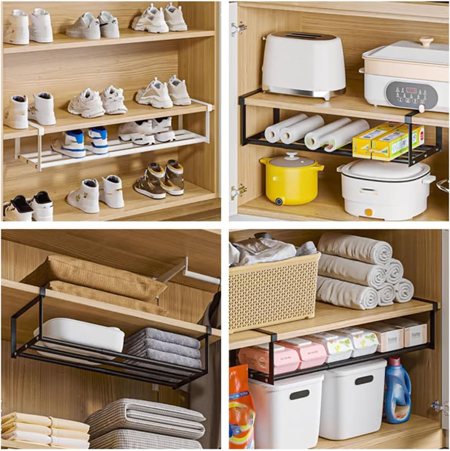 Cabinet Telescopic Shelf - Expandable Shoe Rack Organizer Under Cabinet Shelf, Retractable Hanging Under Desk Rack, Double Your Limited Space (with 0.98" Thick Clips) (Black*2)