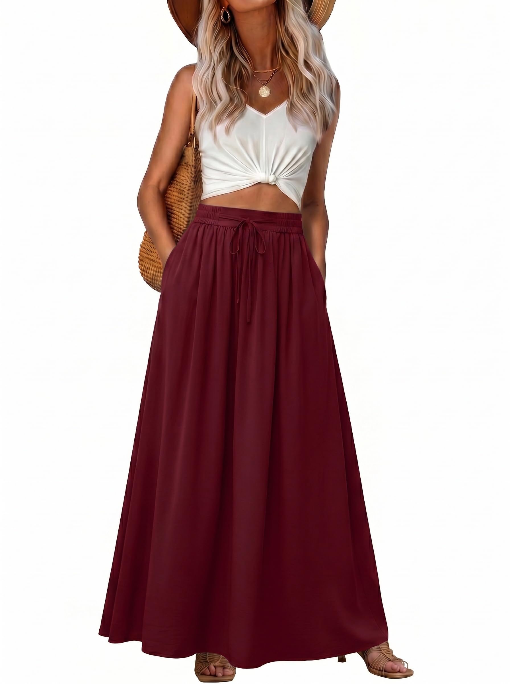 GRECERELLE Damen Rock Sommer Langer Boho Röcke A-Linie Sommerrock Elegant Maxirock Strandkleider Long Flowy Skirt mit Tasche Leicht und Luftig