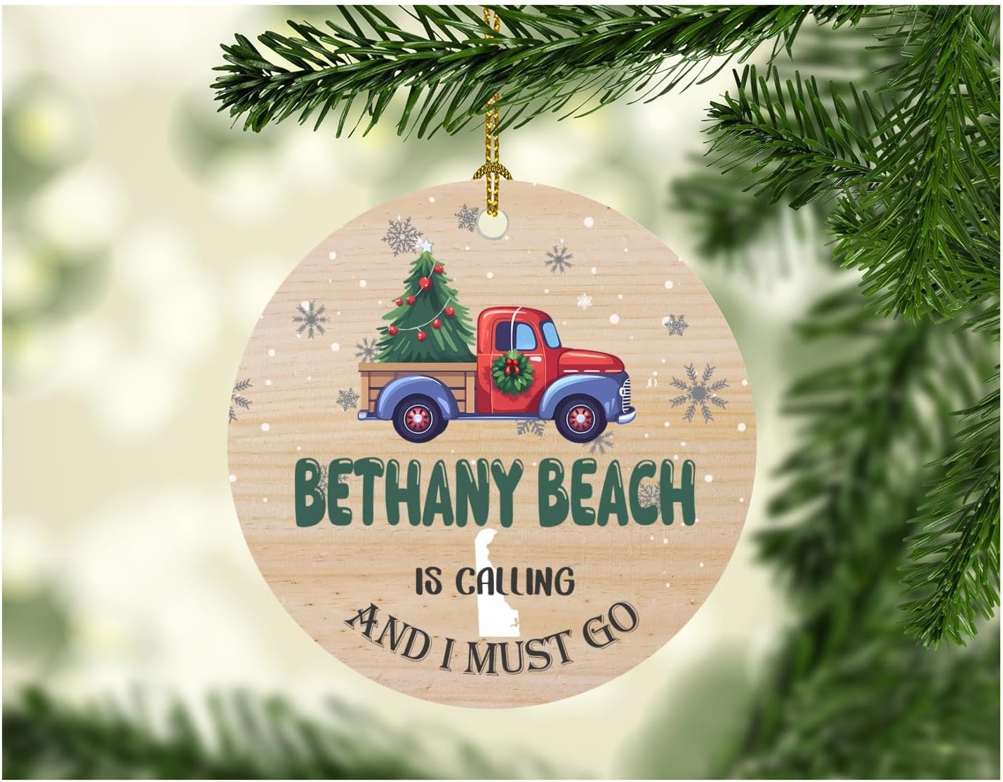 Christmas Ornament 2026 for Bethany Beach Delaware City Name Decoration Bethany Beach DE is Calling and I Must Go Ornament Vintage Red Truck Xmas Tree Souvenir 3" White